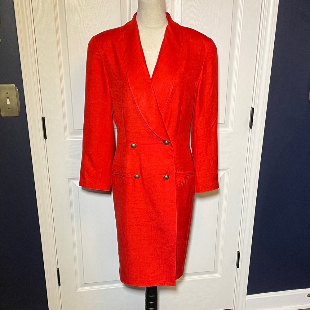Vintage Spenser Jeremy Silk Red Double-Breasted Overcoat Gold Tone Buttons Sz 12